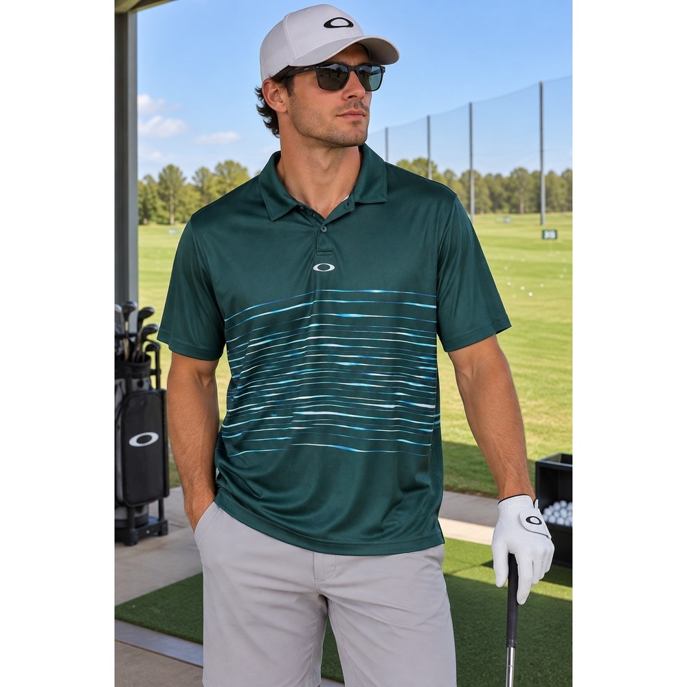 Oakley Hydrolix Polo Shirt Mens L Green Blue Stripe Golf Performance -3740
